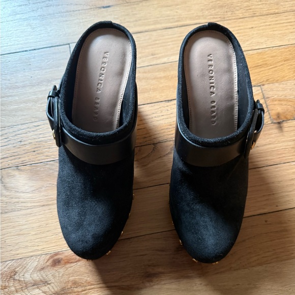 Veronica Beard Black Suede Studded Wooden Clog Mules - Picture 5 of 8